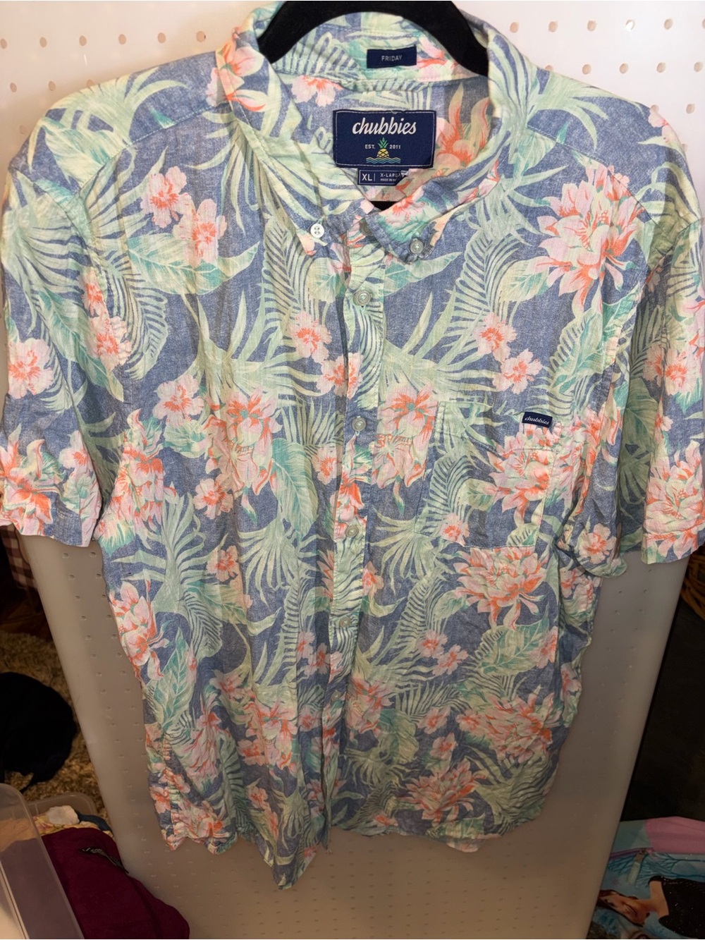 chubbies Blue Floral Tropical Button-Down Shirt with Pink Accents